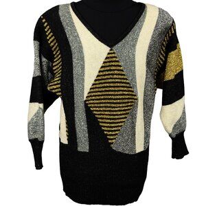 VINTAGE I.B. Diffusion Metallic Shimmer Knit V-Neck Sweater Geometric Pattern M